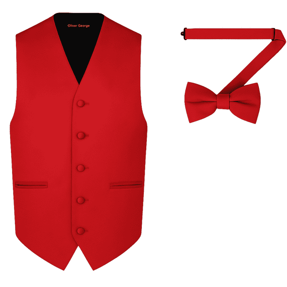 Oliver George 2pc Men's Solid Color Formal Suit Vest Waistcoat Tuxedo Dress Vest Bow Tie Set for Suit or Tuxedo Red Medium