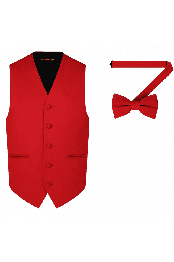 2pc Men's Solid Color Formal Suit Vest Waistcoat Tuxedo Dress Vest Bow Tie Set for Suit or Tuxedo Red Medium
