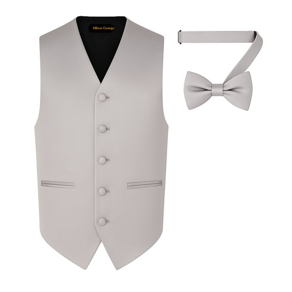 Oliver George 2pc Men's Solid Formal Suit Vest Waistcoat Tuxedo Dress Vest and Bowtie Set for Suit or Tuxedo Silver Large