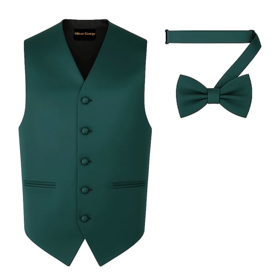 Oliver George 2pc Men's Solid Formal Suit Vest Waistcoat Tuxedo Dress Vest Bow Tie Set For Suit or Tuxedo Forest Green Medium