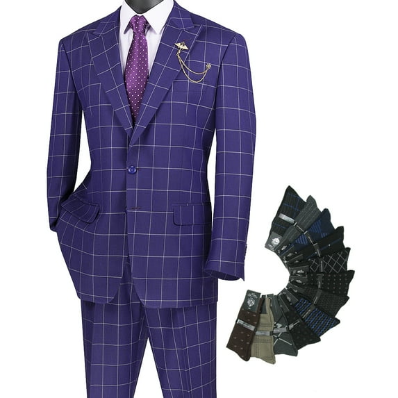 Men's 2pc. Windowpane Regular Fit Single Breasted Suit w/1 Pair of Socks - Purple 40S