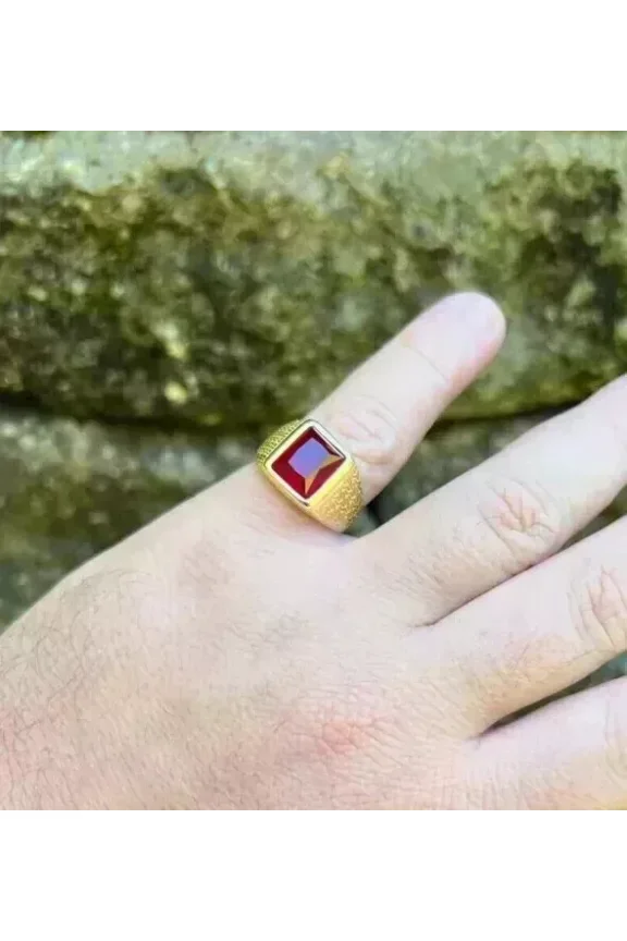 Men's 3.00Ct Emerald Cut Simulated Red Ruby Solitaire Wedding Pinky Ring 14K Yellow Gold Plated 925 Sterling Silver