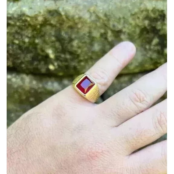 Men's 3.00Ct Emerald Cut Simulated Red Ruby Solitaire Wedding Pinky Ring 14K Yellow Gold Plated 925 Sterling Silver