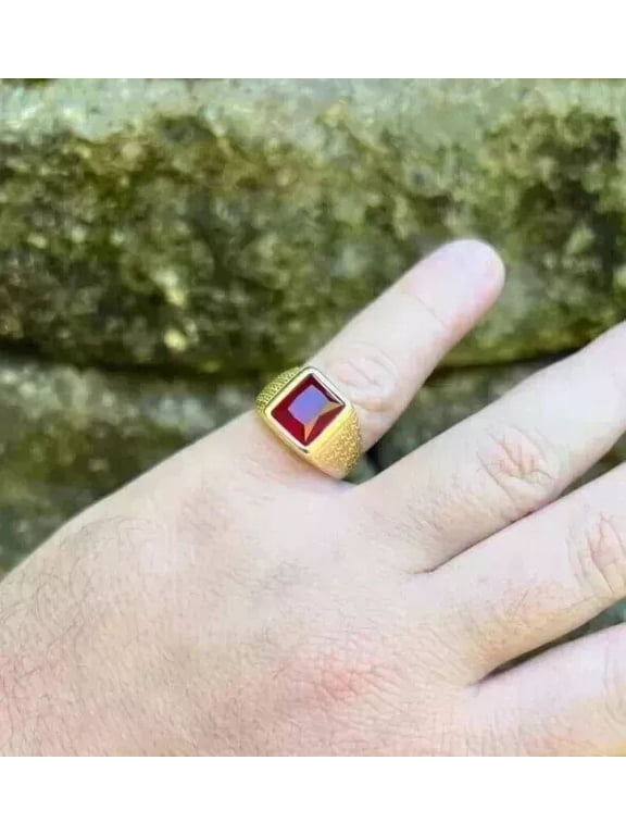 Men's 3.00Ct Emerald Cut Simulated Red Ruby Solitaire Wedding Pinky Ring 14K Yellow Gold Plated 925 Sterling Silver