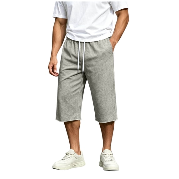 Men's 3/4 Capri Shorts Drawstring Solid Color Knee Length Pants with Pockets Summer Beach Vacation