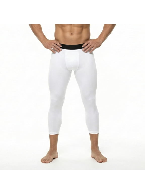 Men's 3/4 Length Compression Pants Quick Dry Athletic Tights for Running Training, White, XL