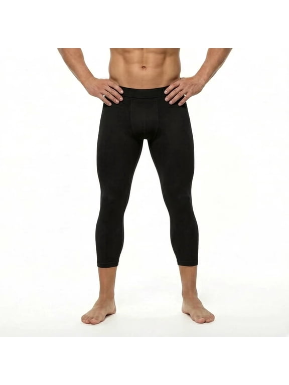 Men's 3/4 Length Compression Pants Quick Dry Athletic Tights for Running Training, Black, 2XL