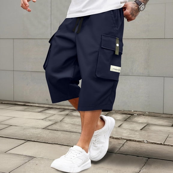 Men's 3/4 Length Cargo Shorts Below Knee - Elastic Waist Capri Pants with Pockets, Quick Dry Hiking Shorts Dark Blue M