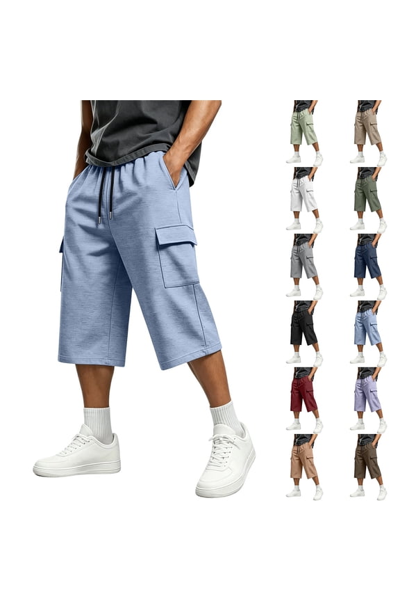 Men’s 3/4 Length Cargo Shorts, Elastic Drawstring Waistband Casual Daily Shorts with Multiple Utility Pockets | Zenithor,Black L