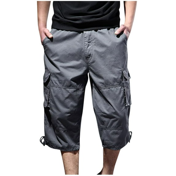 Men's 3/4 Long Cargo Shorts Summer Solid Color Multi Pocket Workwear Hiking Joggers Athletic Shorts