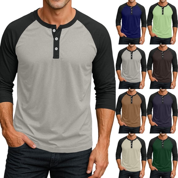 Men's 3/4 Sleeve Baseball Raglan T-Shirts, Henley Tops Sport Athletic Jersey Tee Buttons Shirts Gray 2XL