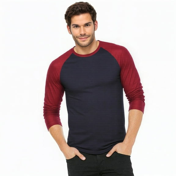 Men's 3/4 Sleeve Crew Neck Baseball Shirt, Casual Dynamic Cotton Raglan T Shirts, Burgundy/Blue L, 1 Pack