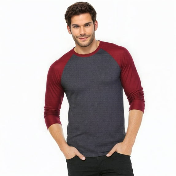 Men's 3/4 Sleeve Crew Neck Casual Dynamic Cotton Raglan T Shirts, Burgundy/Charcoal Gray L, 1 Pack