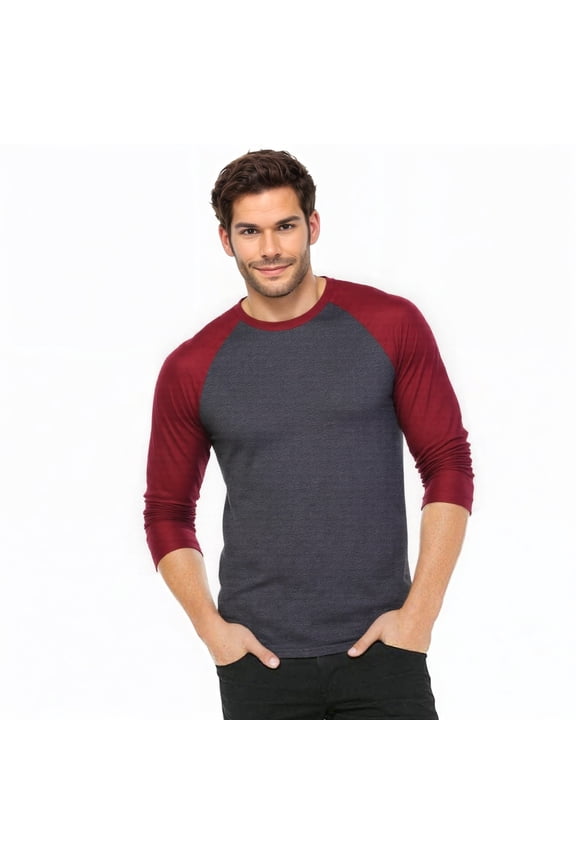 Men's 3/4 Sleeve Crew Neck Casual Dynamic Cotton Raglan T Shirts, Burgundy/Charcoal Gray L, 1 Pack