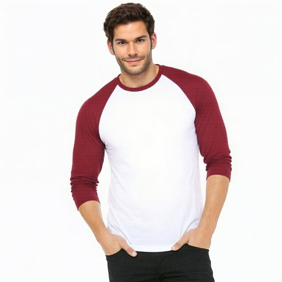 Men's 3/4 Sleeve Crew Neck Baseball Shirt, Casual Dynamic Cotton Raglan T Shirts, Burgundy/White L, 1 Pack