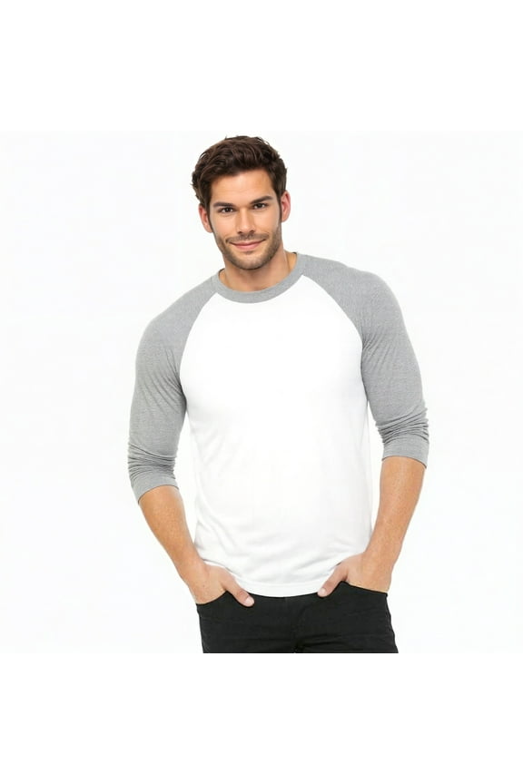 Men's 3/4 Sleeve Crew Neck Baseball Shirt, Casual Dynamic Cotton Raglan T Shirts, Light Gray/White L, 1 Pack