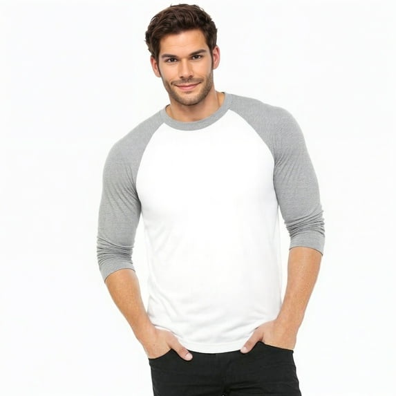 Men's 3/4 Sleeve Crew Neck Baseball Shirt, Casual Dynamic Cotton Raglan T Shirts, Light Gray/White XL, 1 Pack