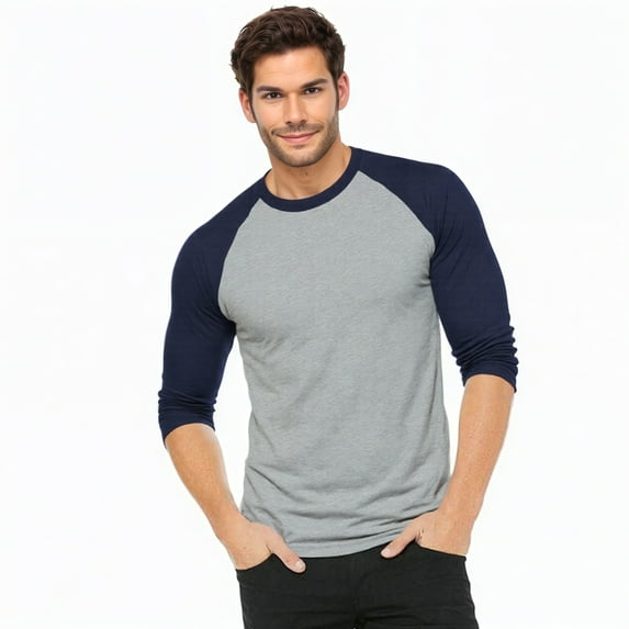 Men's 3/4 Sleeve Crew Neck Baseball Shirt, Casual Dynamic Cotton Raglan T Shirts, Navy/Light Gray XL, 1 Pack