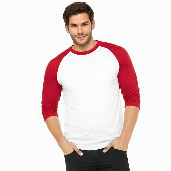 Men's 3/4 Sleeve Crew Neck Baseball Shirt, Casual Dynamic Cotton Raglan T Shirts, Red/White XL, 1 Pack