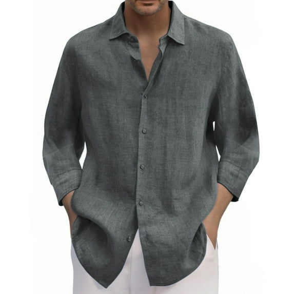 Men's 3/4 Sleeve Lapel Shirt - Polyester Linen Blend, Solid Color, Casual/Formal, Oversized Fit for Spring/Summer (M-XXXL)