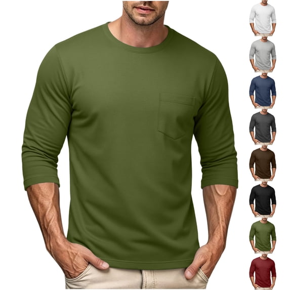 Men's 3/4 Sleeve Pocket Tee Solid Color Crew Neck Casual Basic T-Shirt for Daily Wear