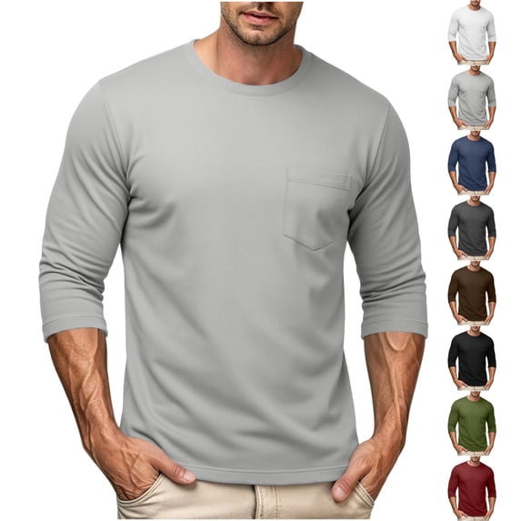Men's 3/4 Sleeve Pocket Tee Solid Color Crew Neck Casual Basic T-Shirt for Daily Wear