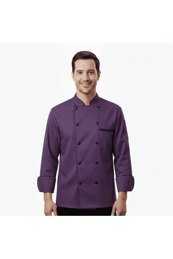 Men’s 3/4 Sleeve Purple Chef Coat with Black Piping, Double-Breasted Kitchen Uniform Jacket, Size [XS–6XL]