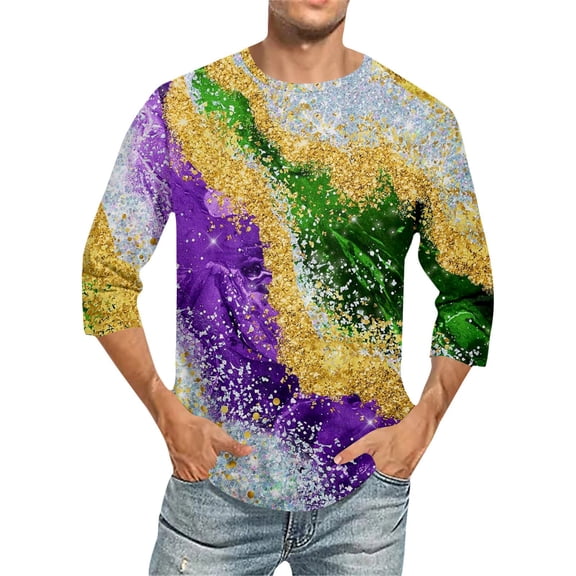 Men’s 3/4 Sleeve Shirts Crewneck Mardi Gras T Shirt Fireworks Print Lightweight Casual Regular Fit Comfortable Men's Tops Purple S