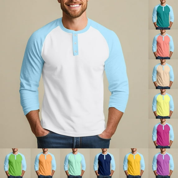 Men's 3 4 Sleeve Shirts Patchwork Tee Long Sleeve Lightweight Crew Neck Casual Button T-Shirt Basic Tee Orange S