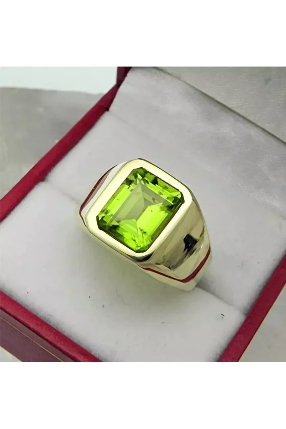 Men's 3 Ct Emerald Cut Green Peridot Simulated Ring 14K Gold Plated Silver