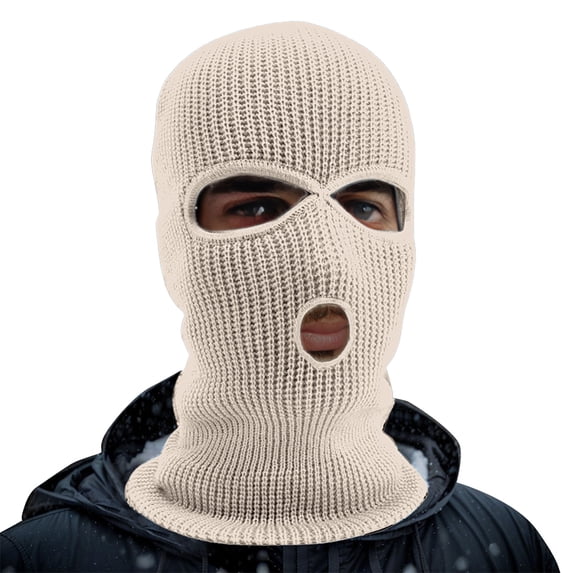 Men's 3-Hole Ski Balaclava, Winter Knitted Full Head Cover Beanie for Outdoor Sports, Skiing, Snowboarding, Cold Weather Protection, and Warm Insulation-Beige