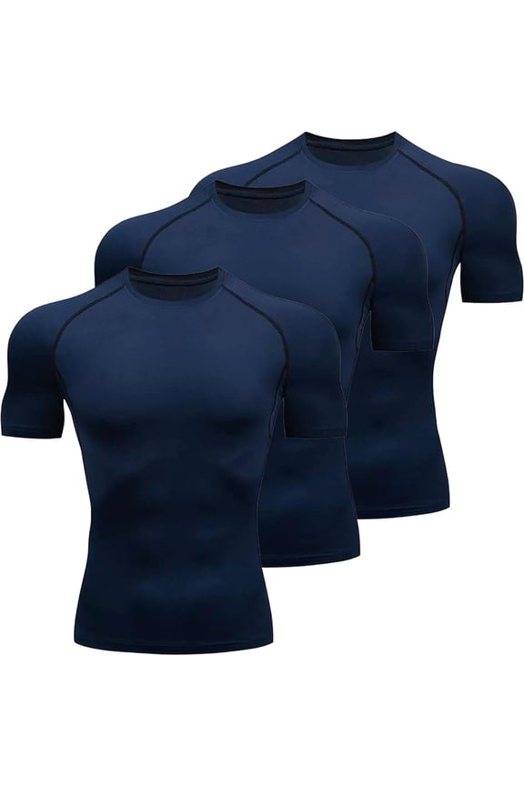 Men's 3 Pack Compression Shirt Short Sleeve Workout Gym Top Cool Dry Athletic Base Layer Undershirt T-Shirt for Sport Running Navy
