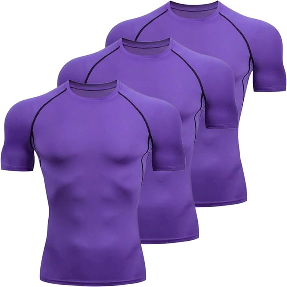 Men's 3 Pack Compression Shirt Short Sleeve Workout Gym Top Cool Dry Athletic Base Layer Undershirt T-Shirt for Sport Running Purple