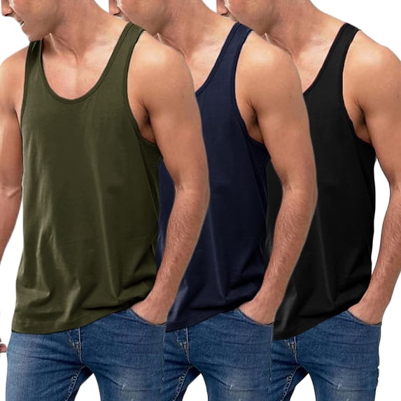 Men's 3 Pack Cotton Performance Classic Tank Tops (M, Black/NavyBlue/Army Green)