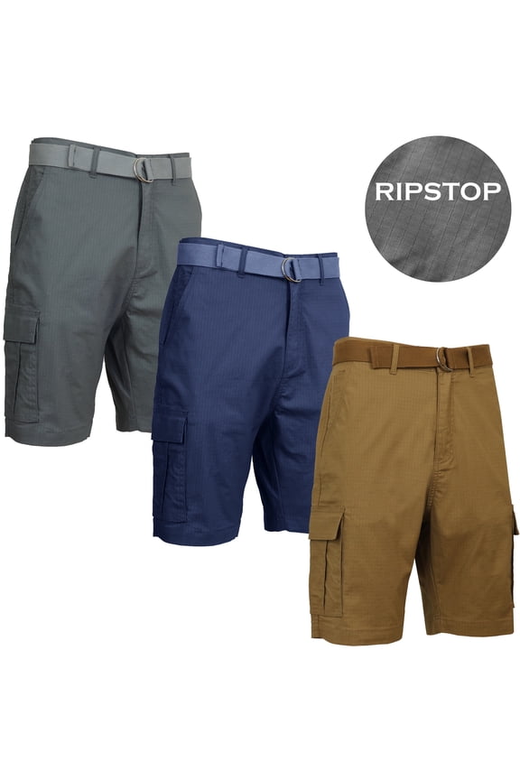 Men's 3-Pack Cotton Stretch Ripstop Cargo Shorts With Belt (Size - 32-42)