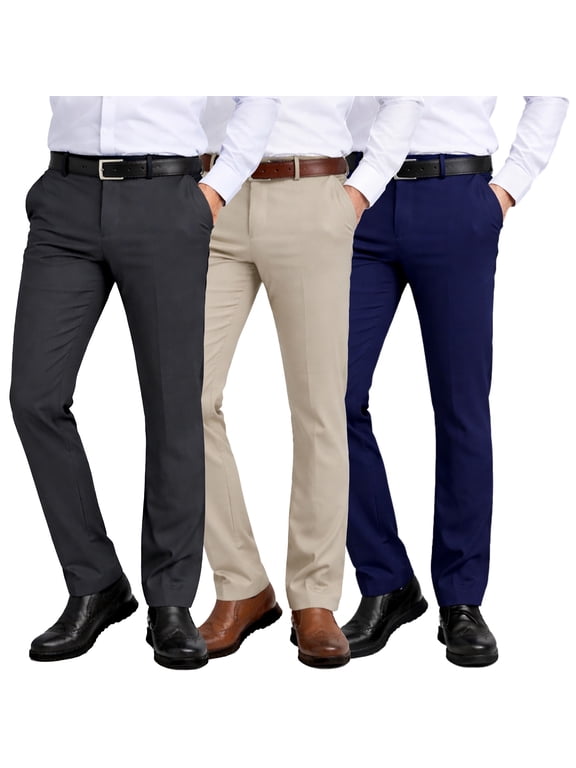 Men’s 3 Pack Flex Stretch Slim Fit Dress Pants (Sizes, 30-40)