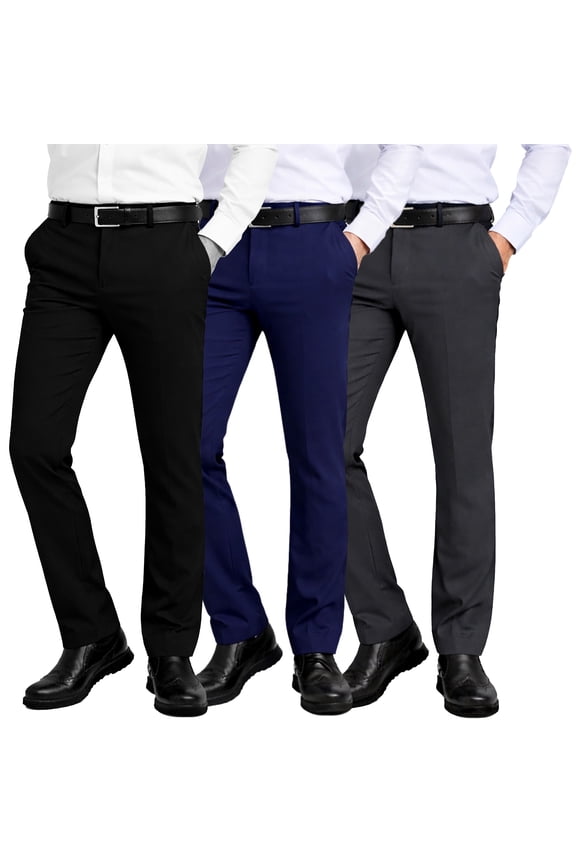 Men’s 3 Pack Flex Stretch Slim Fit Dress Pants (Sizes, 30-40)