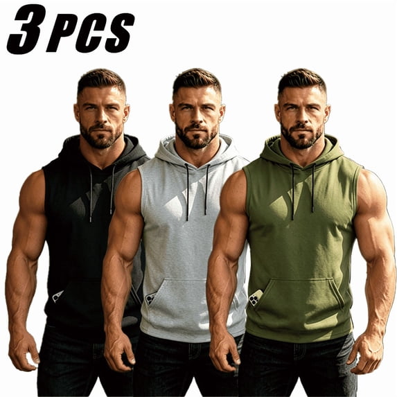 Men's 3 Pack Sleeveless Hooded Tank Tops, Athletic Workout Hoodie Vests with Kangaroo Pocket, Drawstring Casual Gym Sleeveless Hoodies
