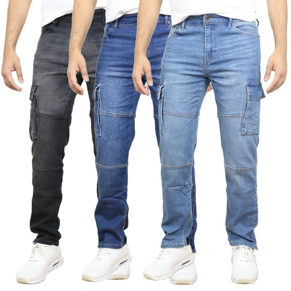 Men's 3-Pack Stretch Cargo Pocket Jeans - Classic Denim Look with Flexibility & Comfort (Sizes: 30-42)