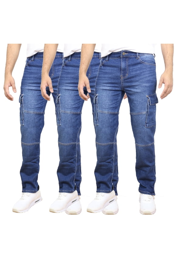 Men's 3-Pack Stretch Cargo Pocket Jeans - Classic Denim Look with Flexibility & Comfort (Sizes: 30-42)