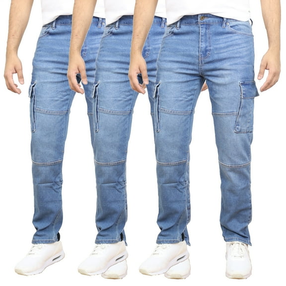 Men's 3-Pack Stretch Cargo Pocket Jeans - Classic Denim Look with Flexibility & Comfort (Sizes: 30-42)