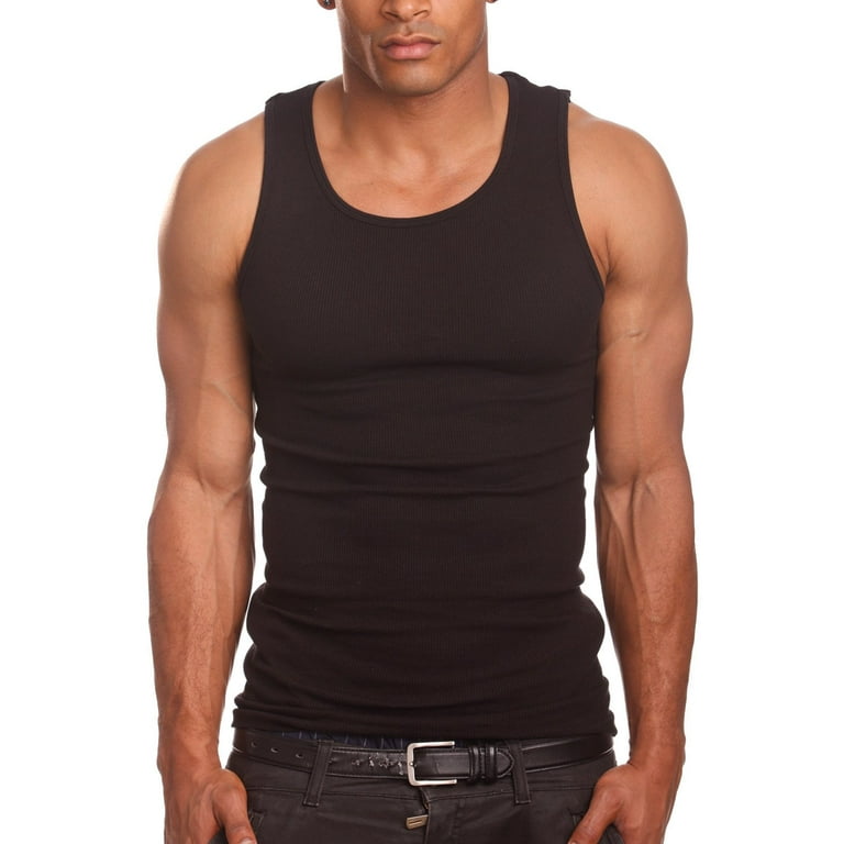 Men’s 3 Pack Tank Top A Shirt–100% Cotton Ribbed Undershirt Tee–Assorted &  Sleeveless (Black, Small)