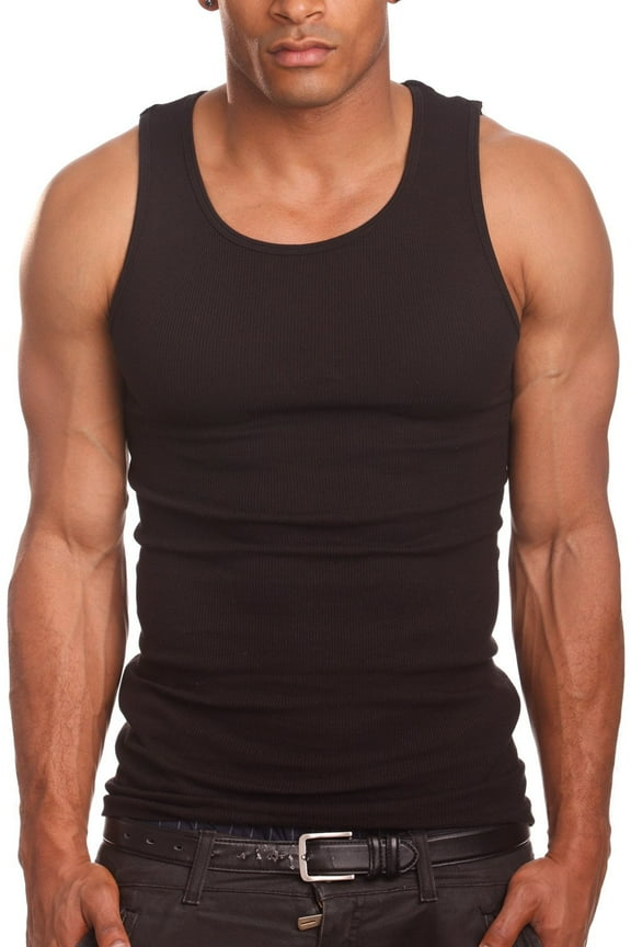 Men’s 3 Pack Tank Top A Shirt–100% Cotton Ribbed Undershirt Tee–Assorted & Sleeveless (Black, Small)