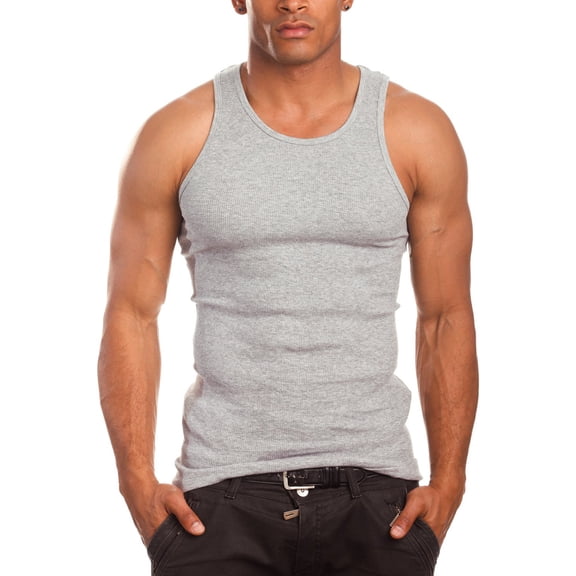 Men’s 3 Pack Tank Top A Shirt–100% Cotton Ribbed Undershirt Tee–Assorted & Sleeveless (Gray, Large)