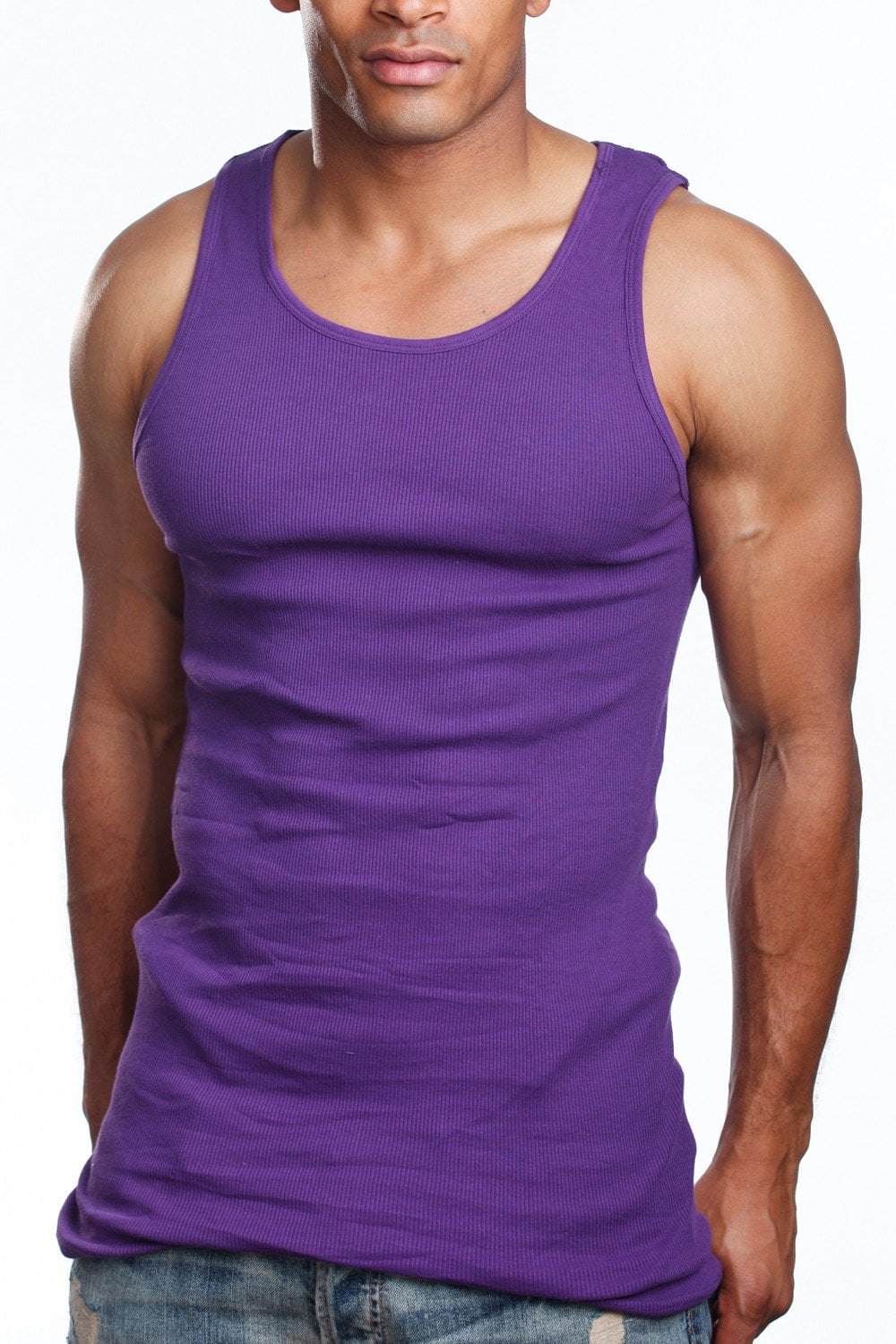 Men’s 3 Pack Tank Top A Shirt–100% Cotton Ribbed Undershirt Tee–Assorted &  Sleeveless (Purple, X-Large)