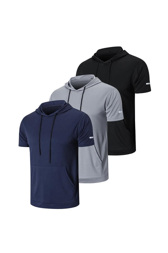Men's 3 Pack Workout Shirts Dry Fit Moisture Wicking Short Sleeve Mesh Athletic T-Shirts with Hoods