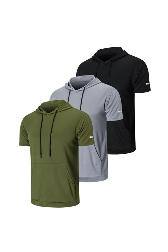 Men's 3 Pack Workout Shirts Dry Fit Moisture Wicking Short Sleeve Mesh Athletic T-Shirts with Hoods