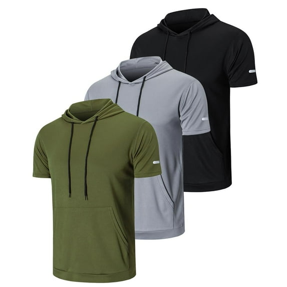 Men's 3 Pack Workout Shirts Dry Fit Moisture Wicking Short Sleeve Mesh Athletic T-Shirts with Hoods