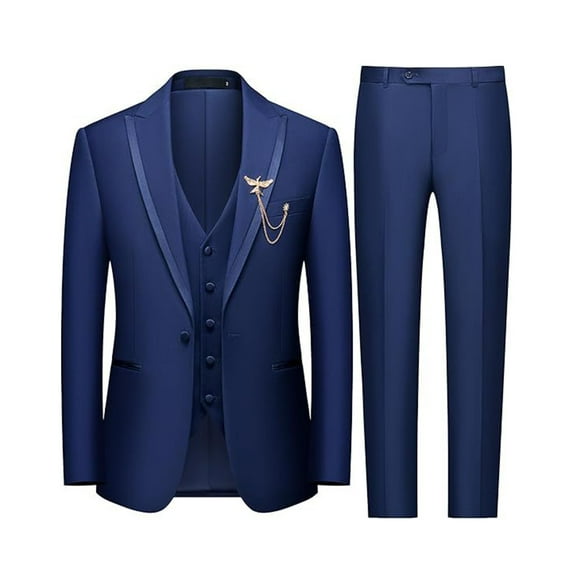 Men's 3 Pcs Suit One Button Blazer Jacket Vest Pants Set Slim Fit Business Tuxedo Suit Color Navy Size L