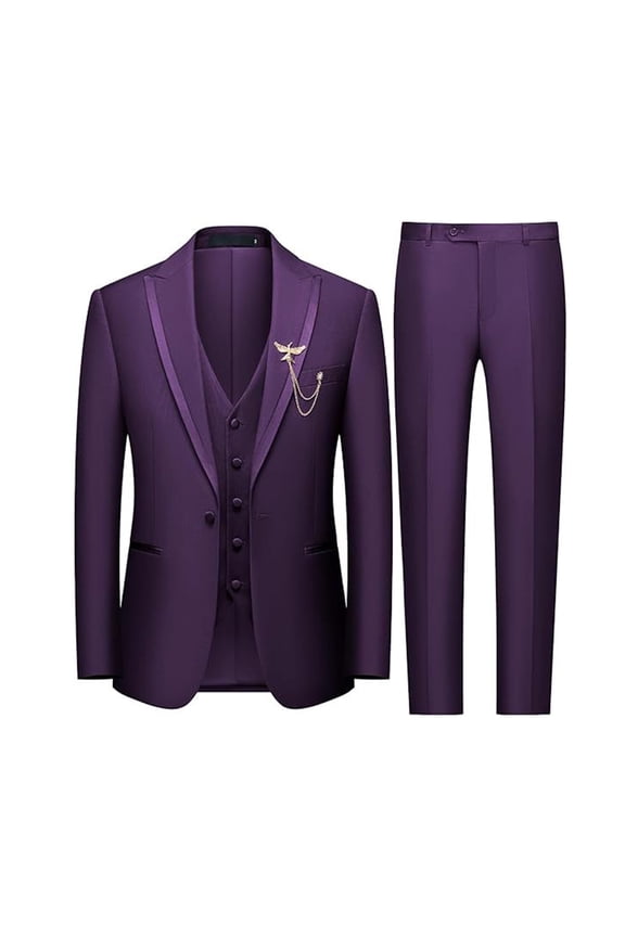 Men's 3 Pcs Suit One Button Blazer Jacket Vest Pants Set Slim Fit Business Tuxedo Suit Color Purple Size L